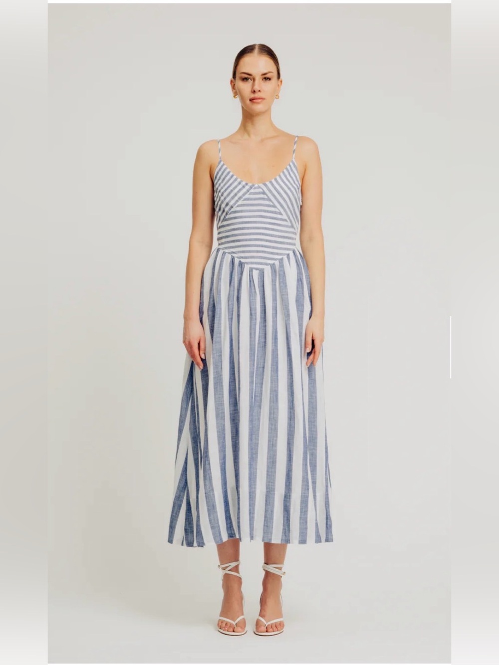 Blue and White Striped Spaghetti Strap Midi Dress